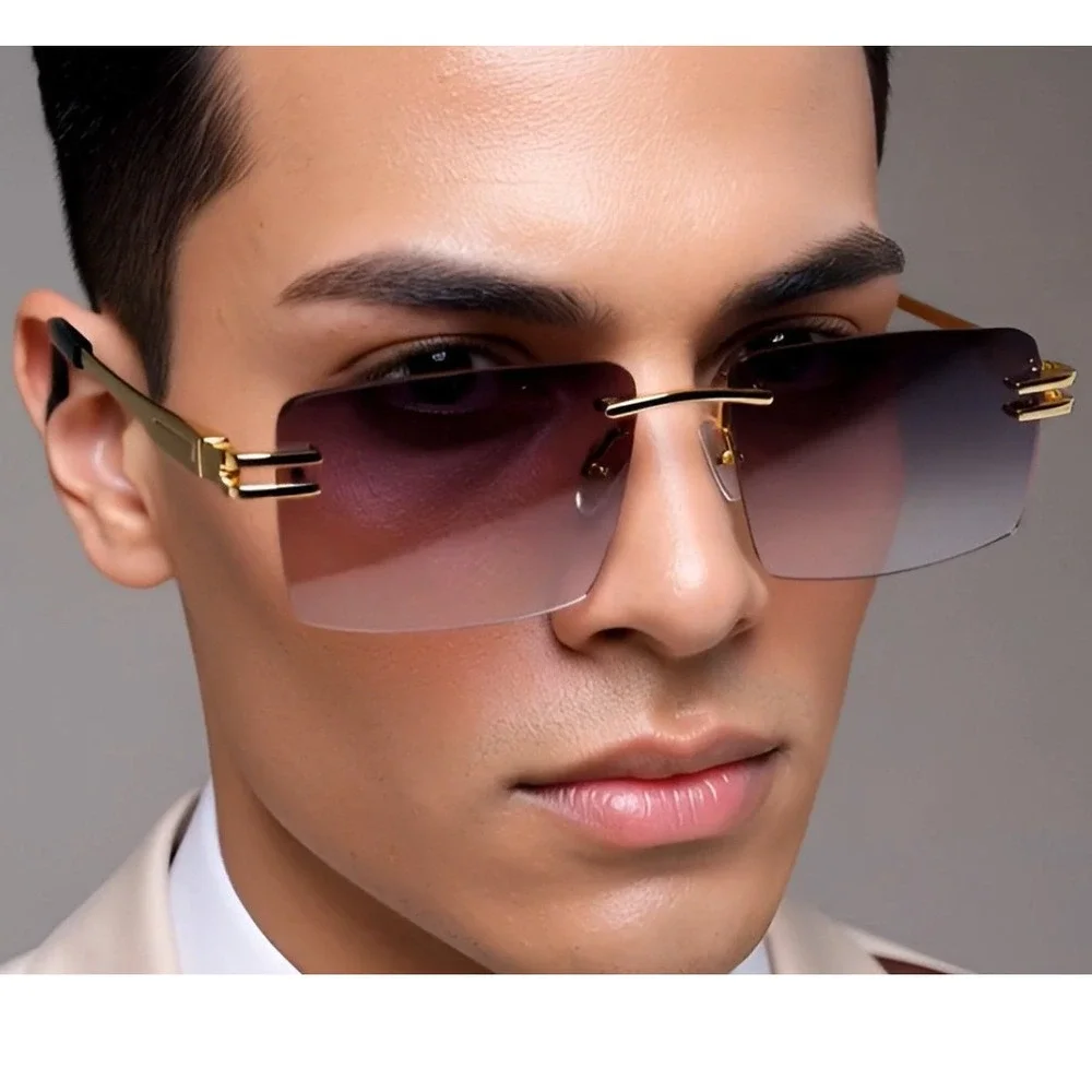 Men's Square Rimless Gold Frame Purple Gradient Tint Hip Hop‎ Sunglasses